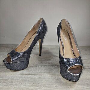 Aldo Ultra High Stiletto Peep Toe Heels Sz 7 M Silver Glitter Dressy Platform